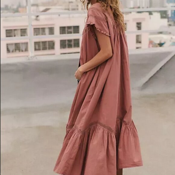 Free People Aster Midi Buttondown Lace Ruffle Vintage Rose Dress L - Picture 2 of 3